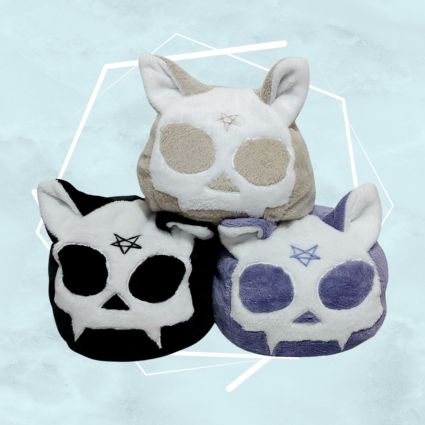 Cat skull designed quirky style plushies with pentagram and various colors, handmade by female indie artist in the UK
