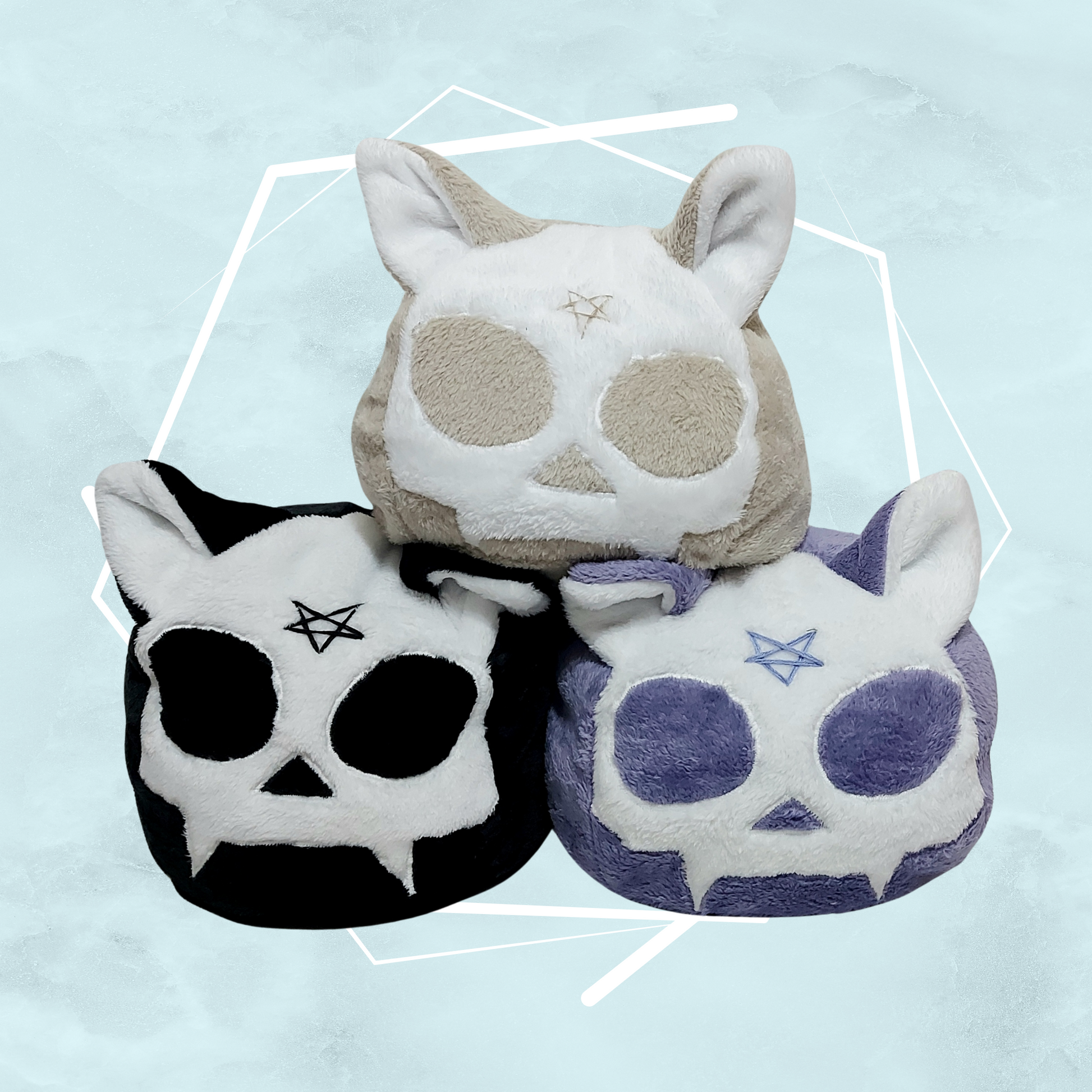 Cat skull designed quirky style plushies with pentagram and various colors, handmade by female indie artist in the UK