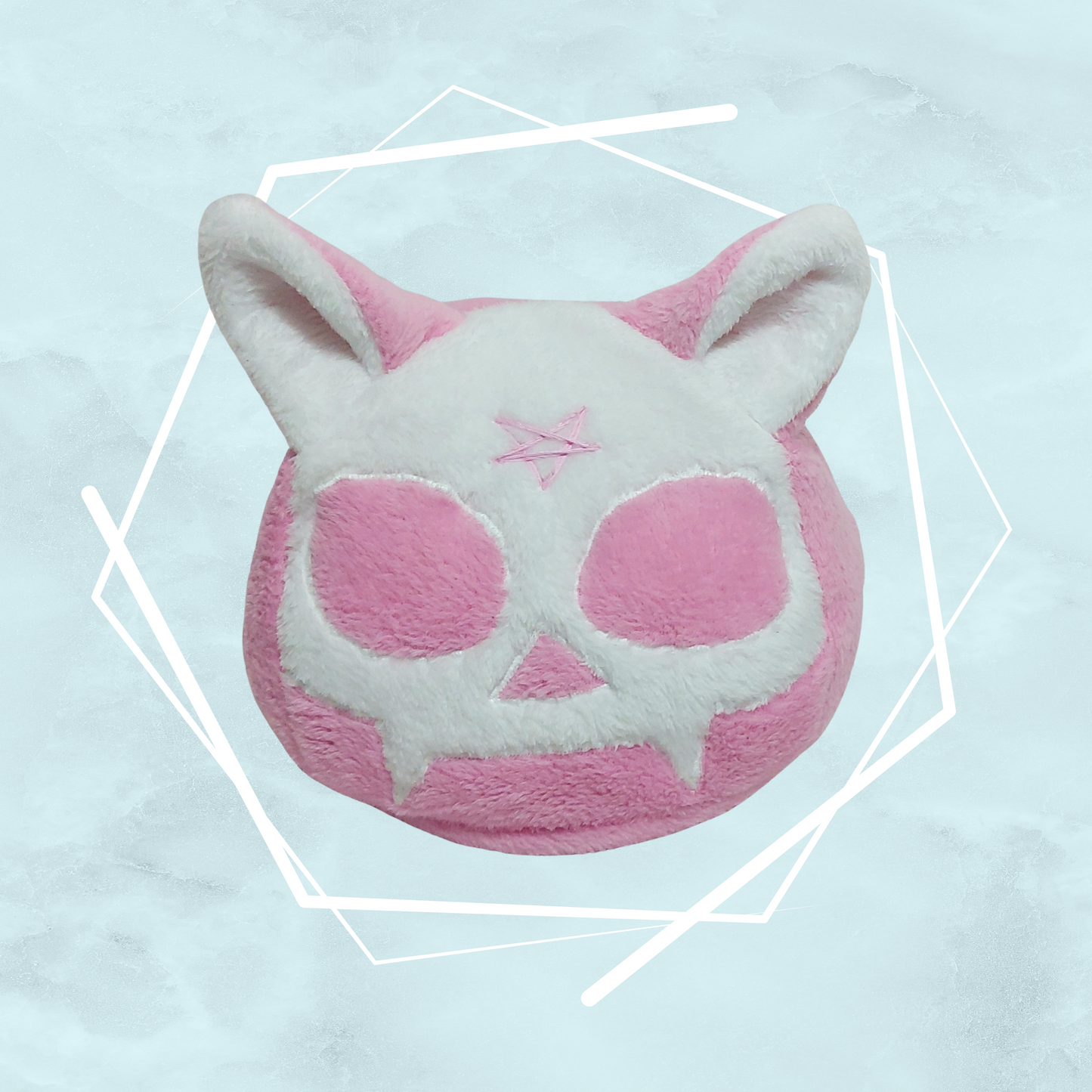 Cat skull plushie in pink color for quirky people, with pentagram on the forehead, handcrafted in the UK