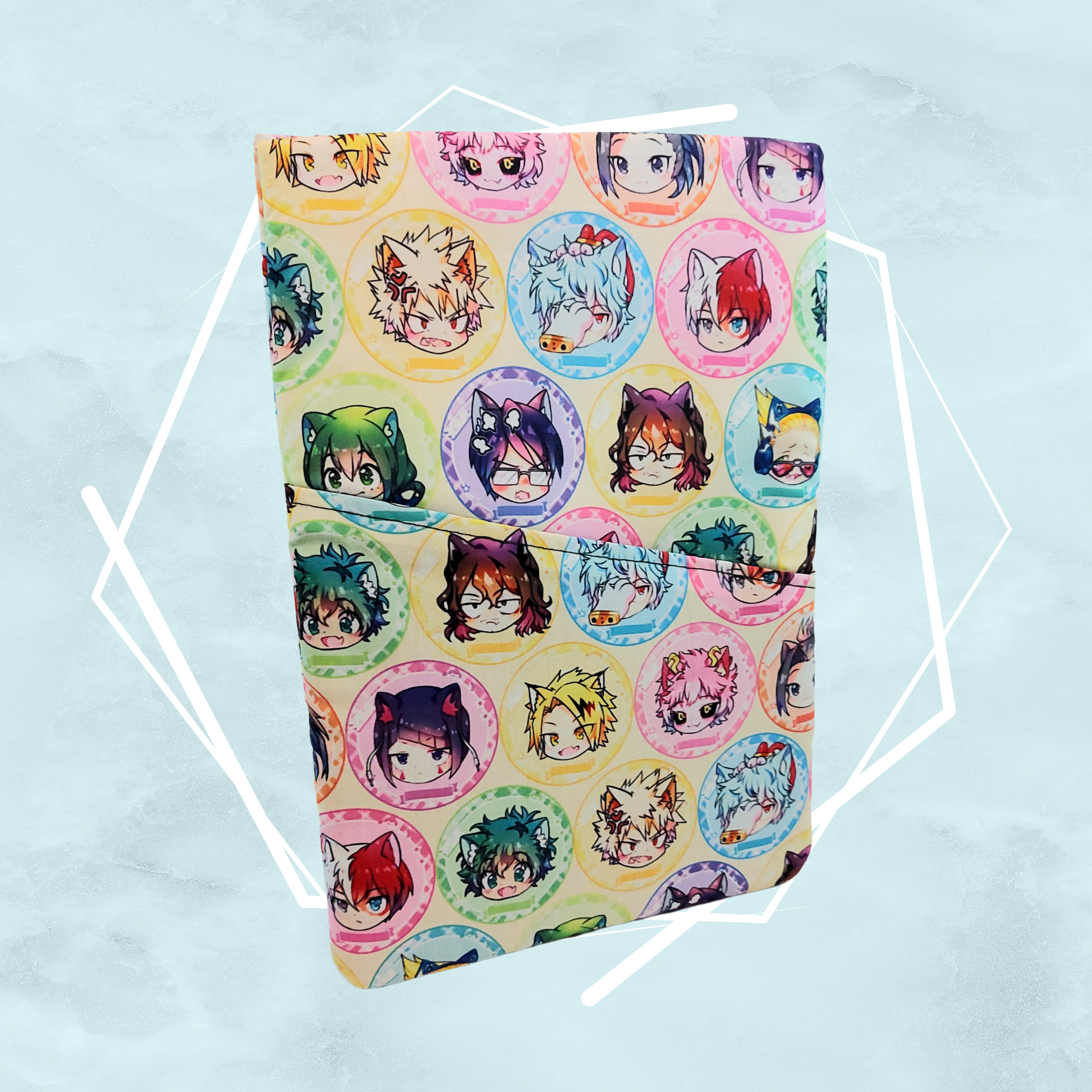 Colorful, My hero academia themed booksleeve with pocket handmade by indie artist Freya's Madpeak