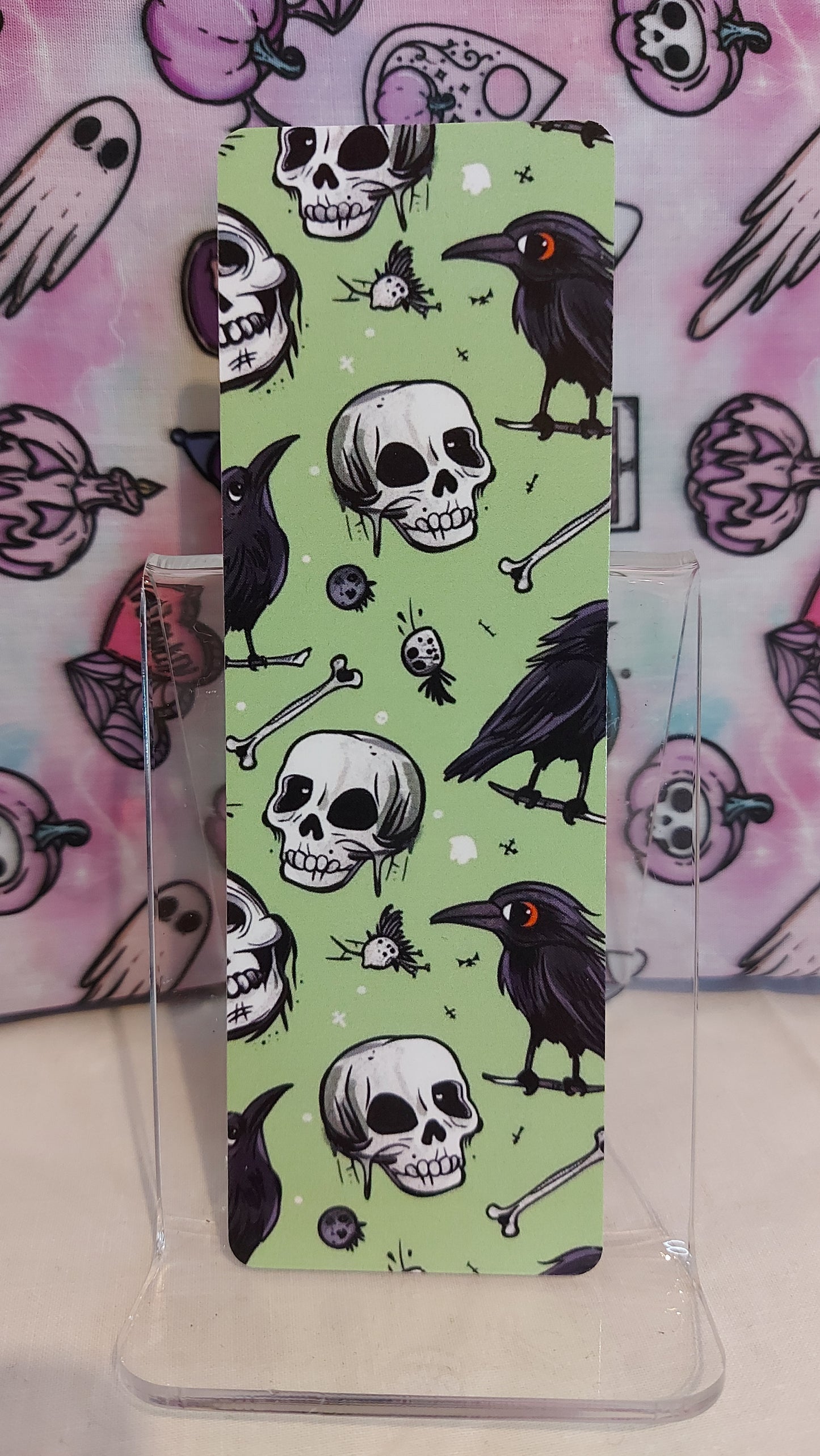 Green skulls and ravens bookmark