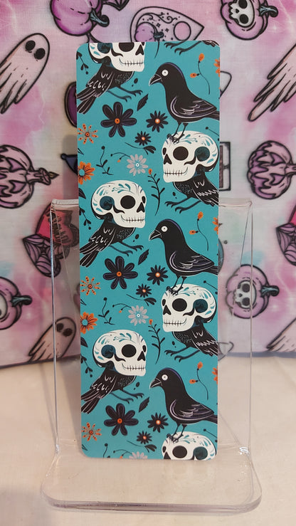 Teal skulls and ravens bookmark