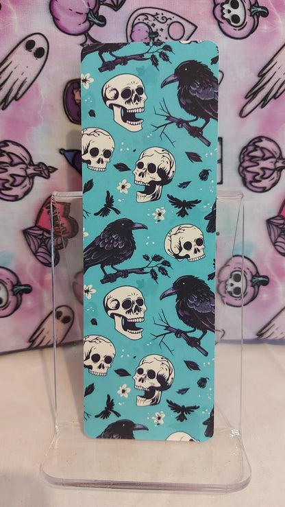 Turquoise skulls and ravens bookmark