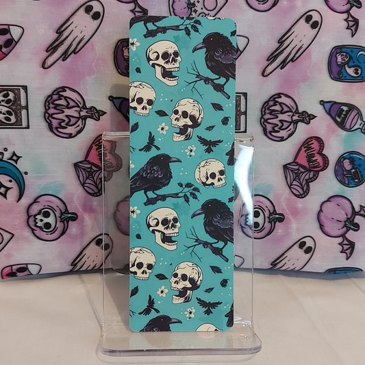 Turquoise skulls and ravens bookmark