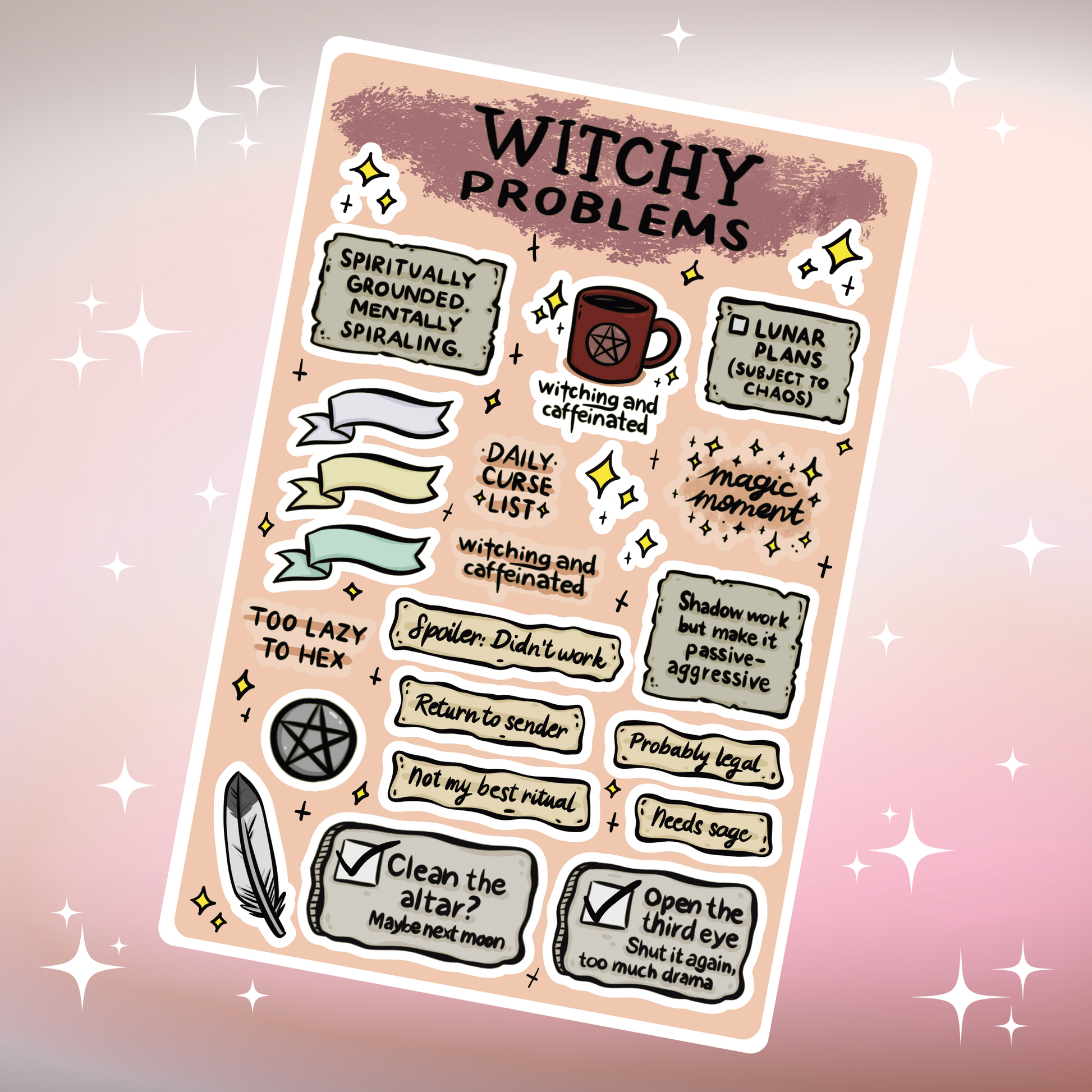 Sheet of stickers titled 'Witchy Problems' with various humorous and mystical text on a peach colored background.