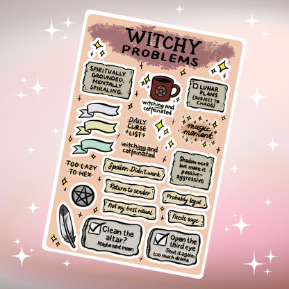 Sheet of stickers titled 'Witchy Problems' with various humorous and mystical text on a peach colored background.