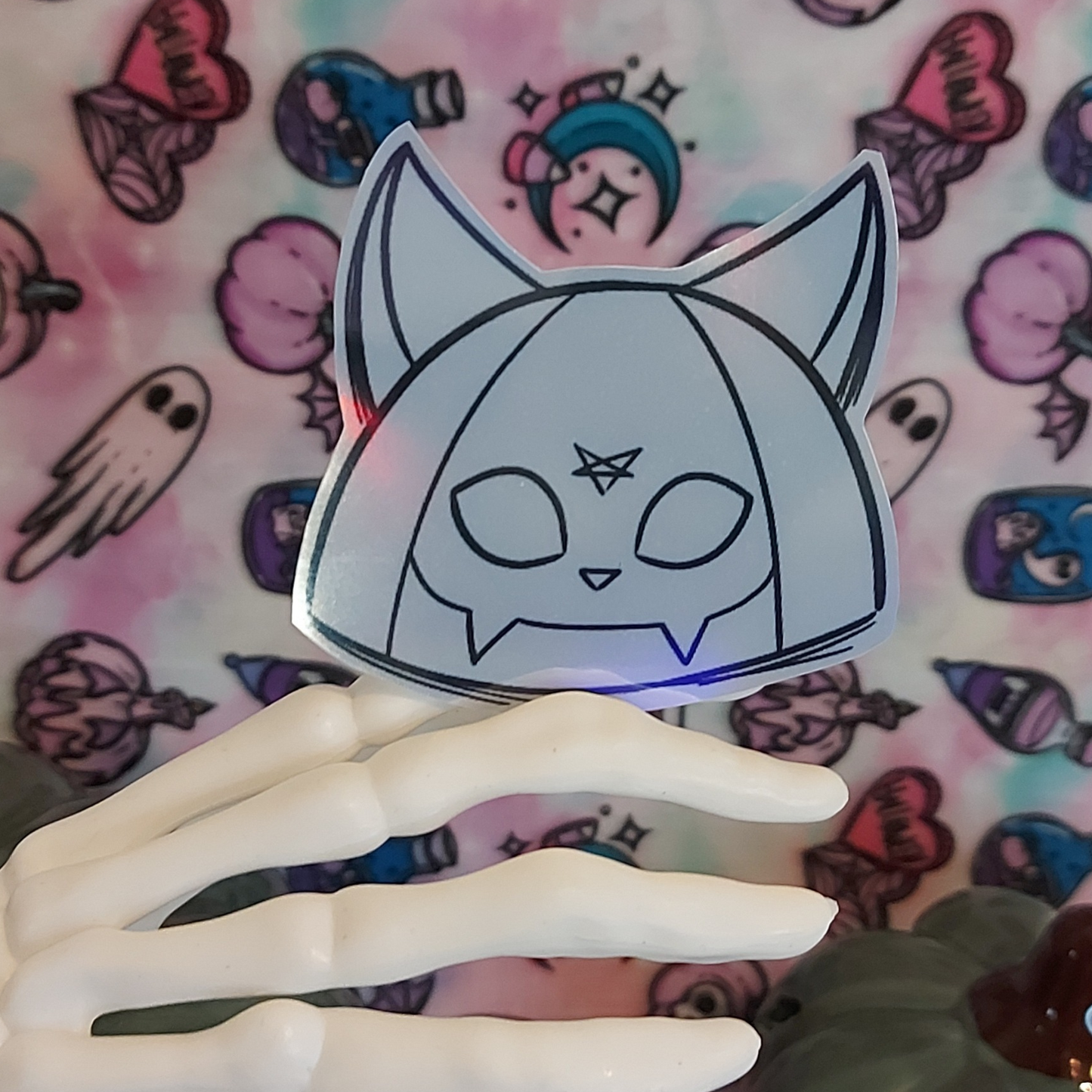 Cat Skull Plushie holographic sticker