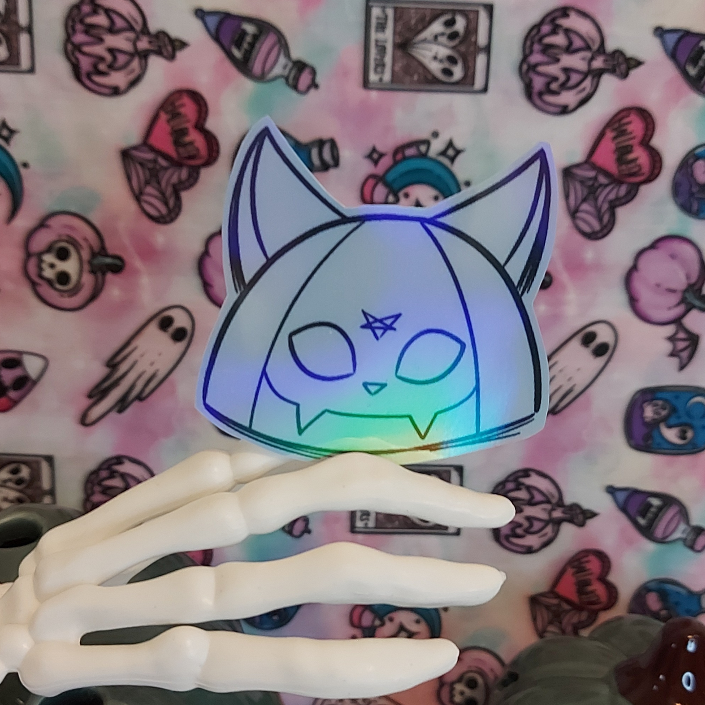 Cat Skull Plushie holographic sticker
