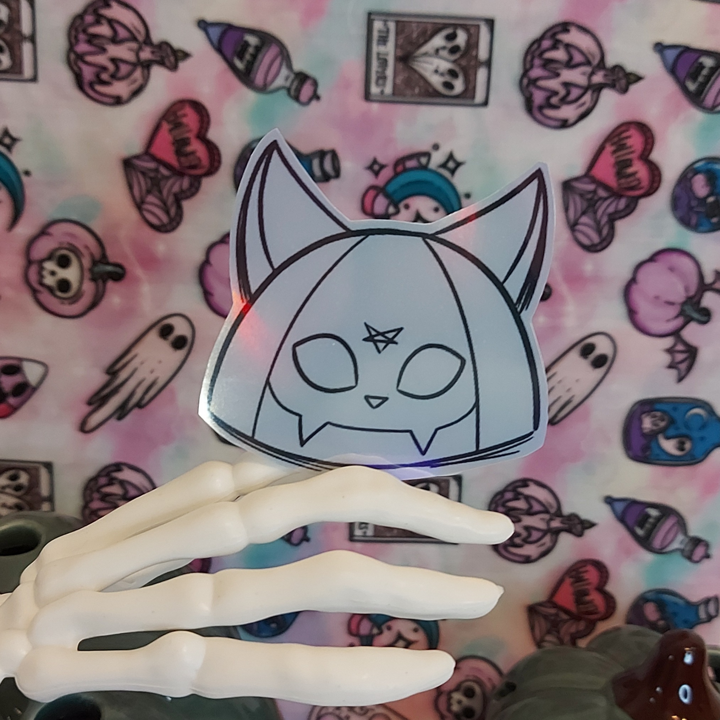 Cat Skull Plushie holographic sticker