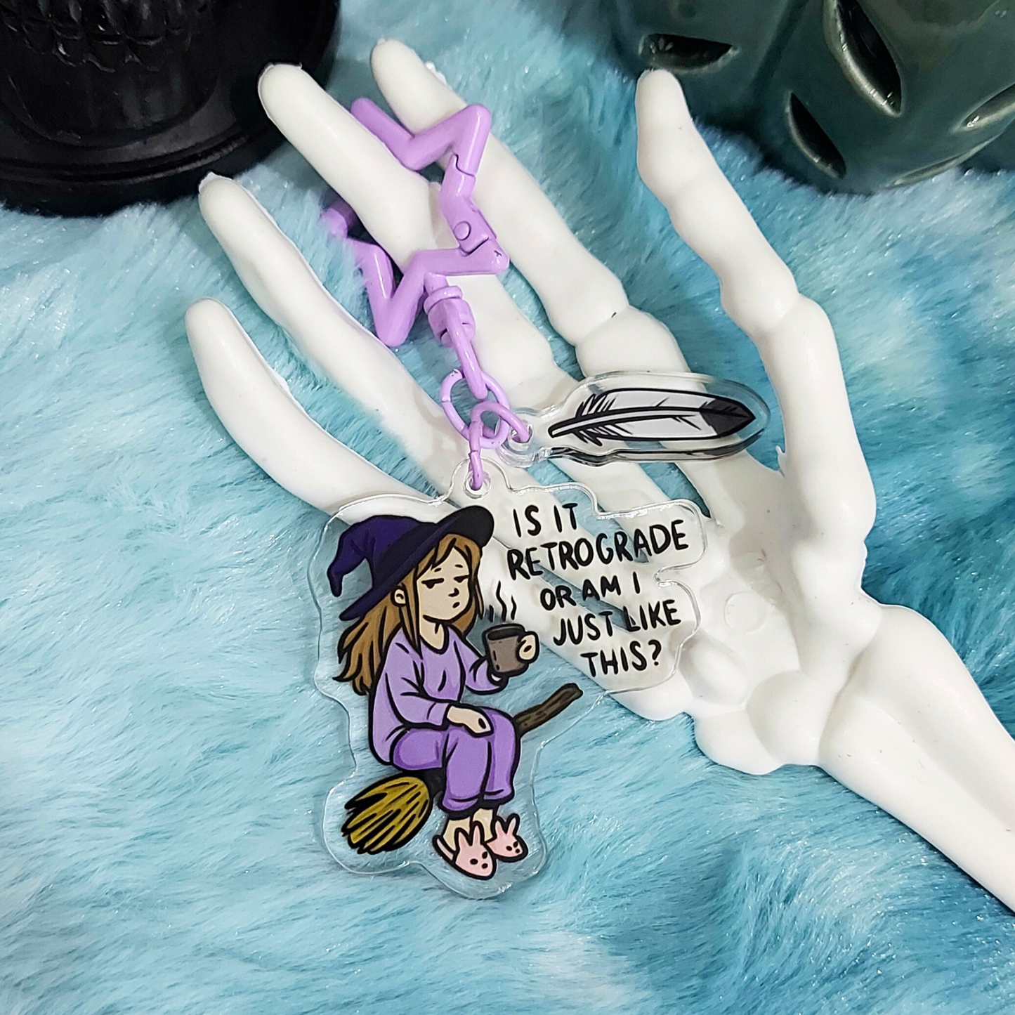 Witchy keychain with broom, feather and snarky text with purple metal clasp