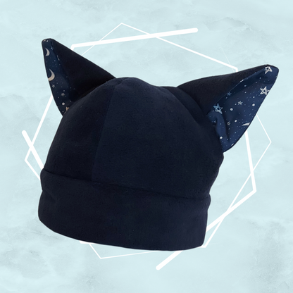 Dark navy blue colored nekomimi beanie hat with star patterned fabric on the cat ears, handmade by Freya's Madpeak