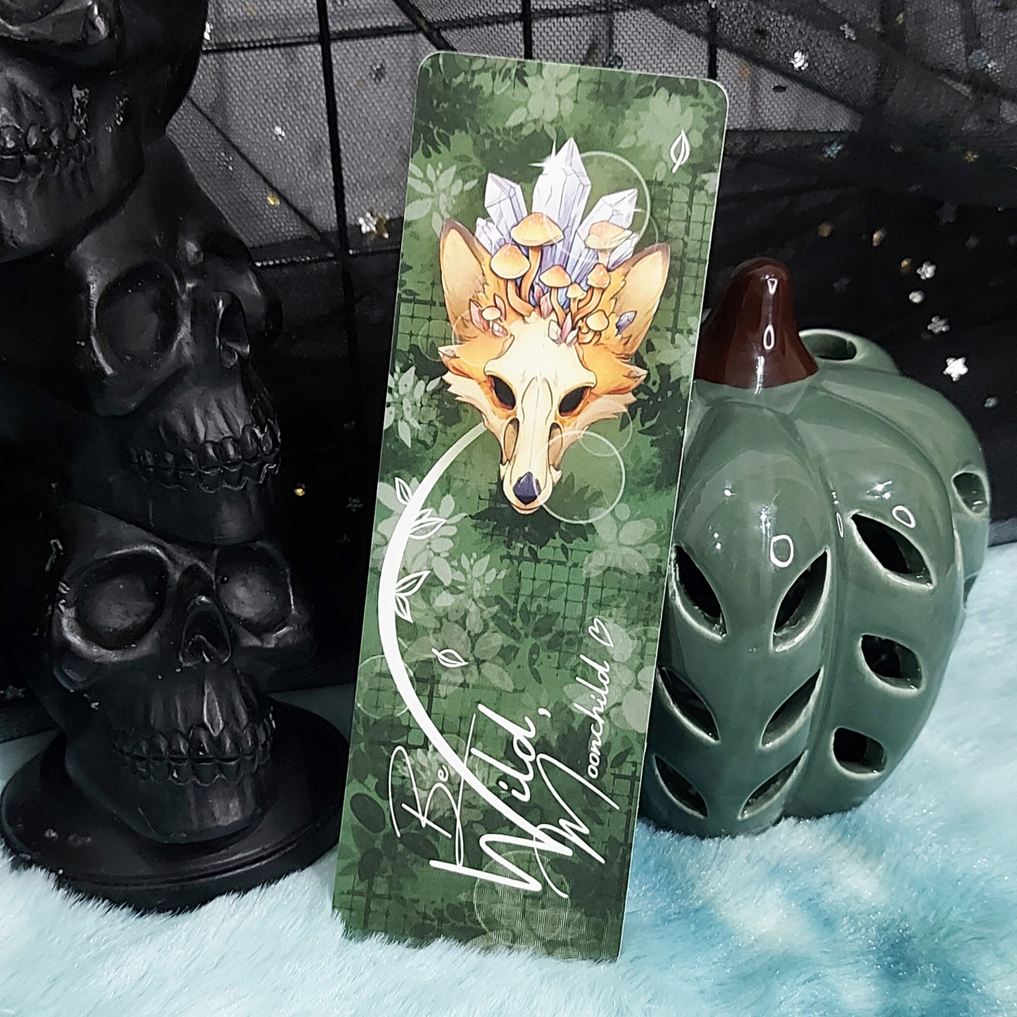 Decorative bookmark bookish accessorry with fox illustration and mushrooms on a green background, unique drawing