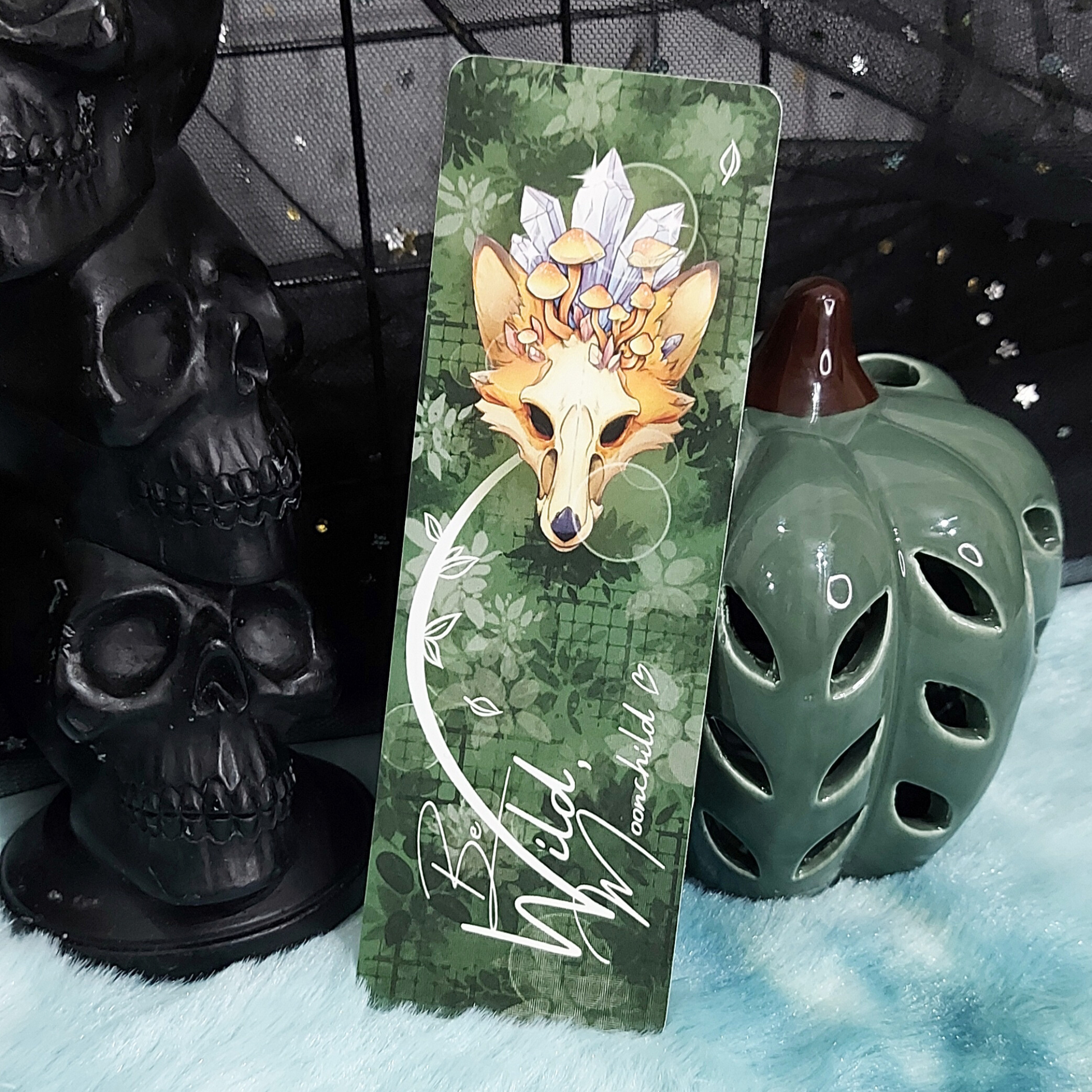 Decorative bookmark bookish accessorry with fox illustration and mushrooms on a green background, unique drawing
