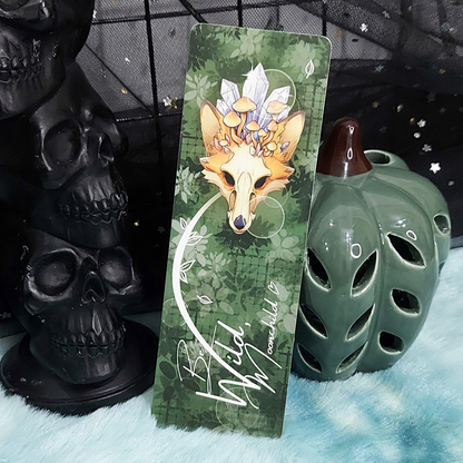 Decorative bookmark bookish accessorry with fox illustration and mushrooms on a green background, unique drawing