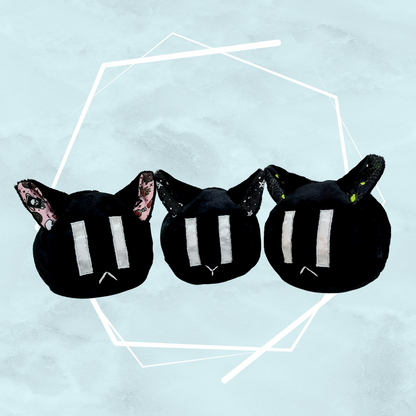 Three black gothic themed, unique, handmade soft toys crafted by artist Freya's Madpeak