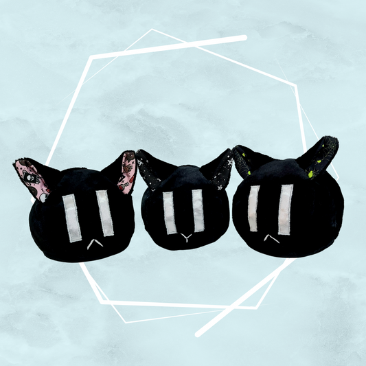 Three black gothic themed, unique, handmade soft toys crafted by artist Freya's Madpeak