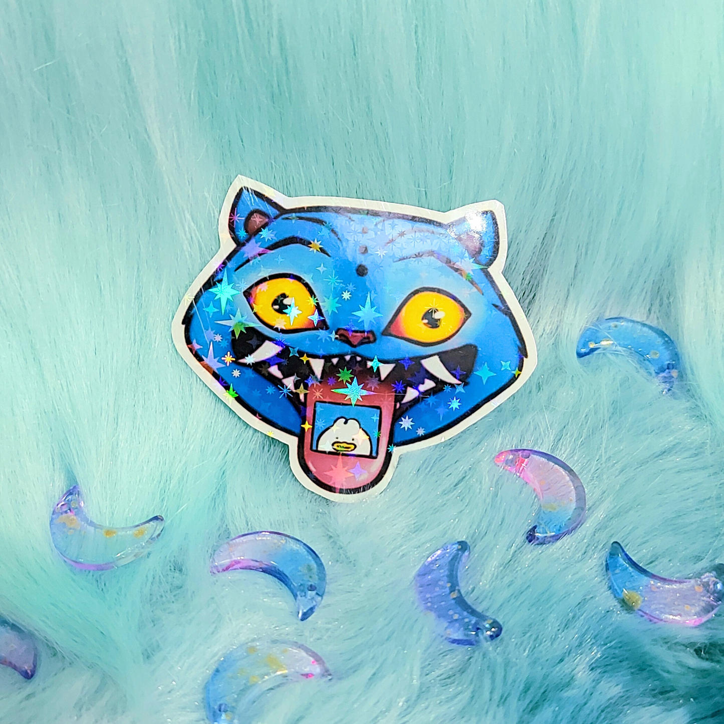 Holographic sticker of kpop blue tiger demon derpy with stars