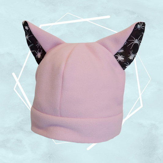 Pink nekomimi beanie with spiders